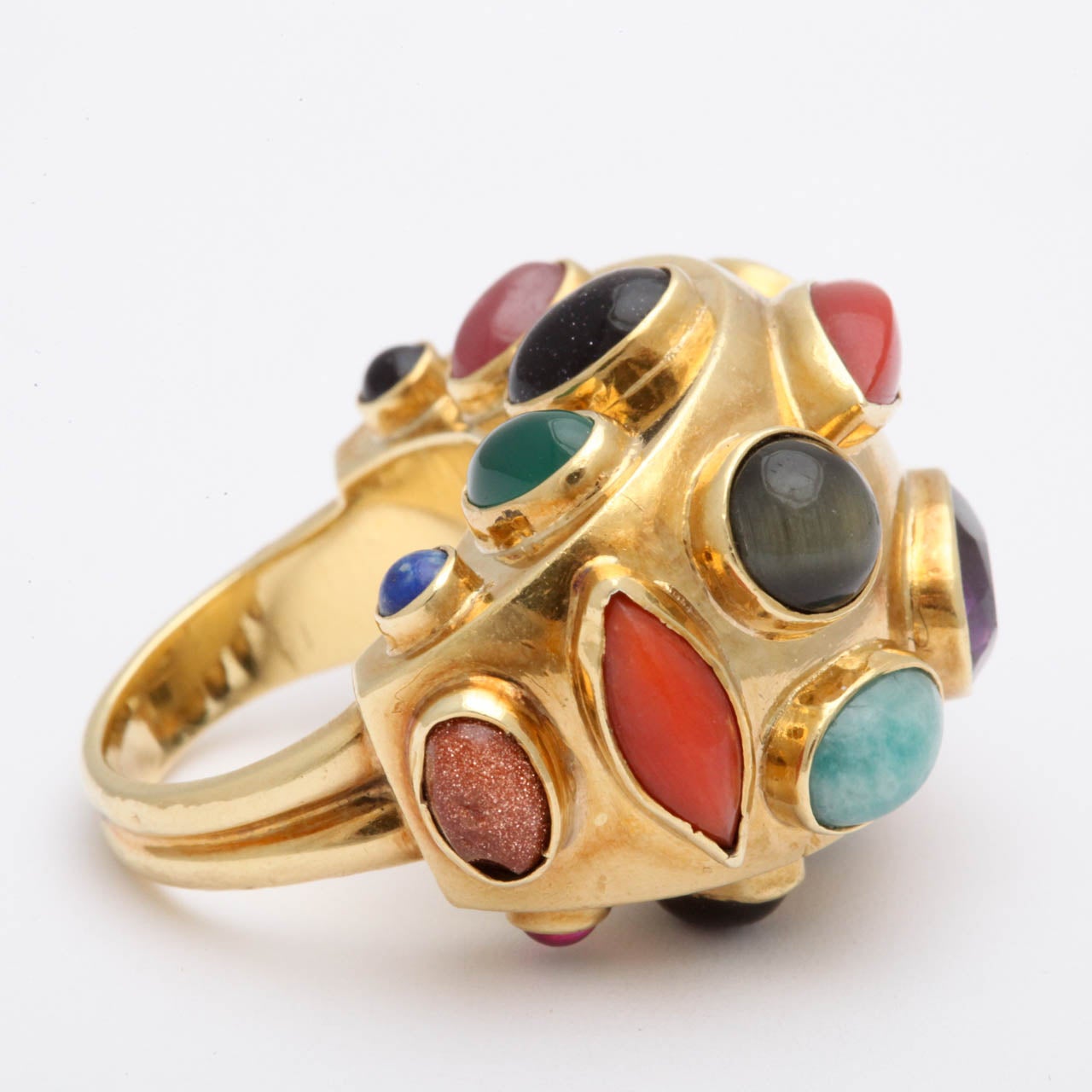 1960's SAENZ Multicolored Stone Gold Cocktail Bombe Style Ring 1