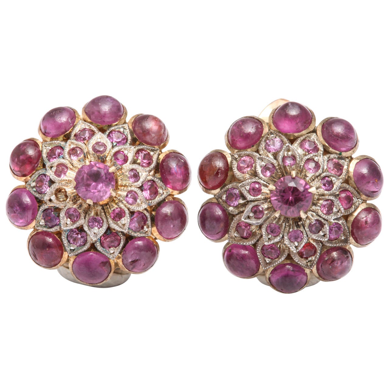 1940s Cabochon Ruby And Faceted Rubies Earclips