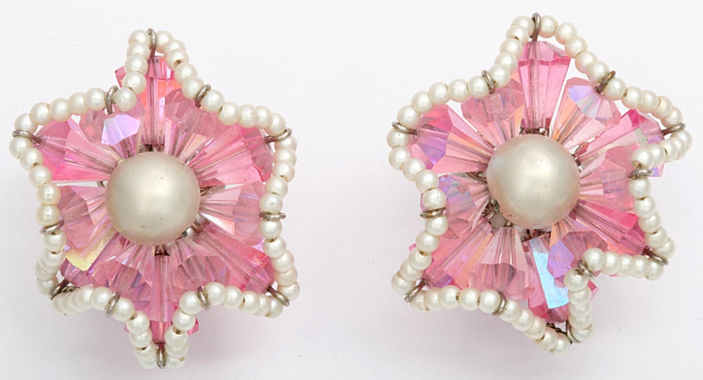 Faux pearl and pink crystal flower form clip earring by Vendome.