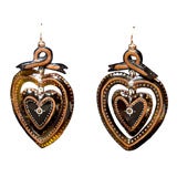 19th Cent  Heart  Shaped  Tortoise Shell Pique Earrings