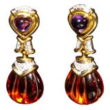 Amethyst ..french Back, Citrine  And  Diamond  Earrings