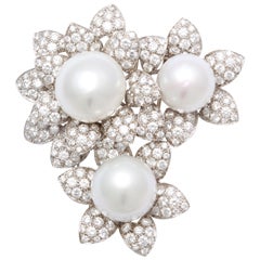 Diamond South Sea Pearl Gold Floral Pin Brooch