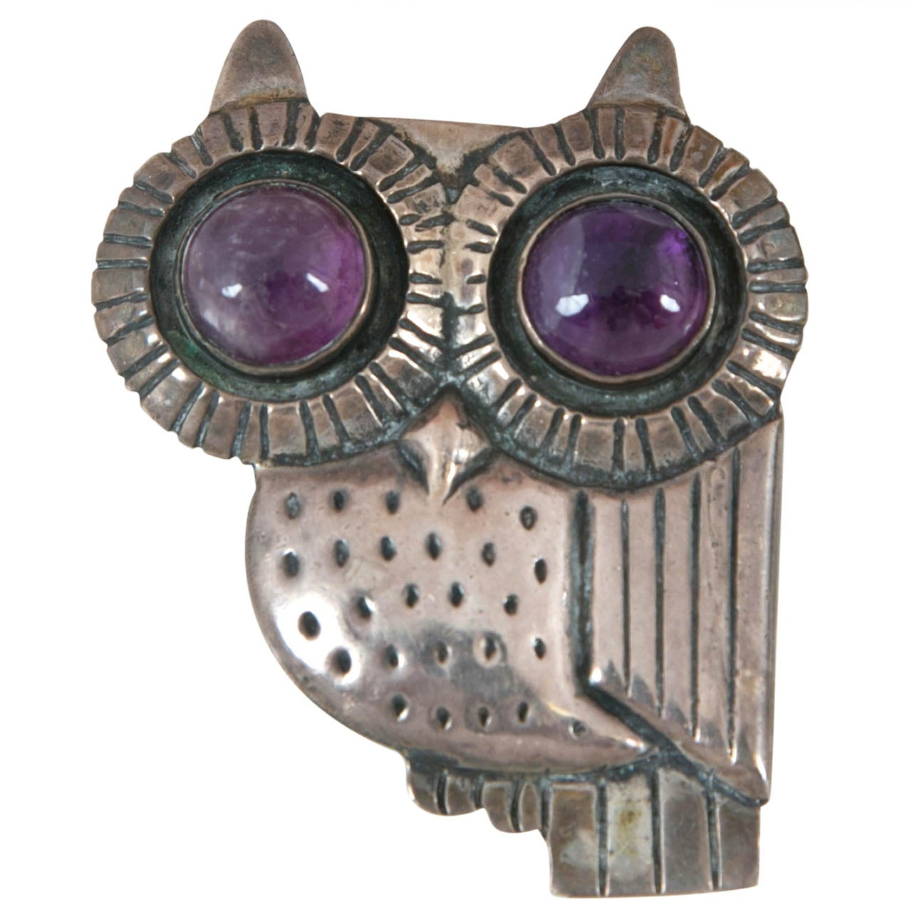 Rare Spratling Sterling Silver Owl Brooch with Cabochon Amethyst Eyes For Sale