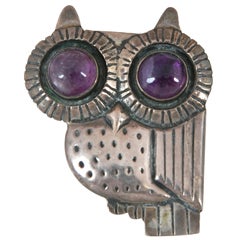 Rare Spratling Sterling Silver Owl Brooch with Cabochon Amethyst Eyes