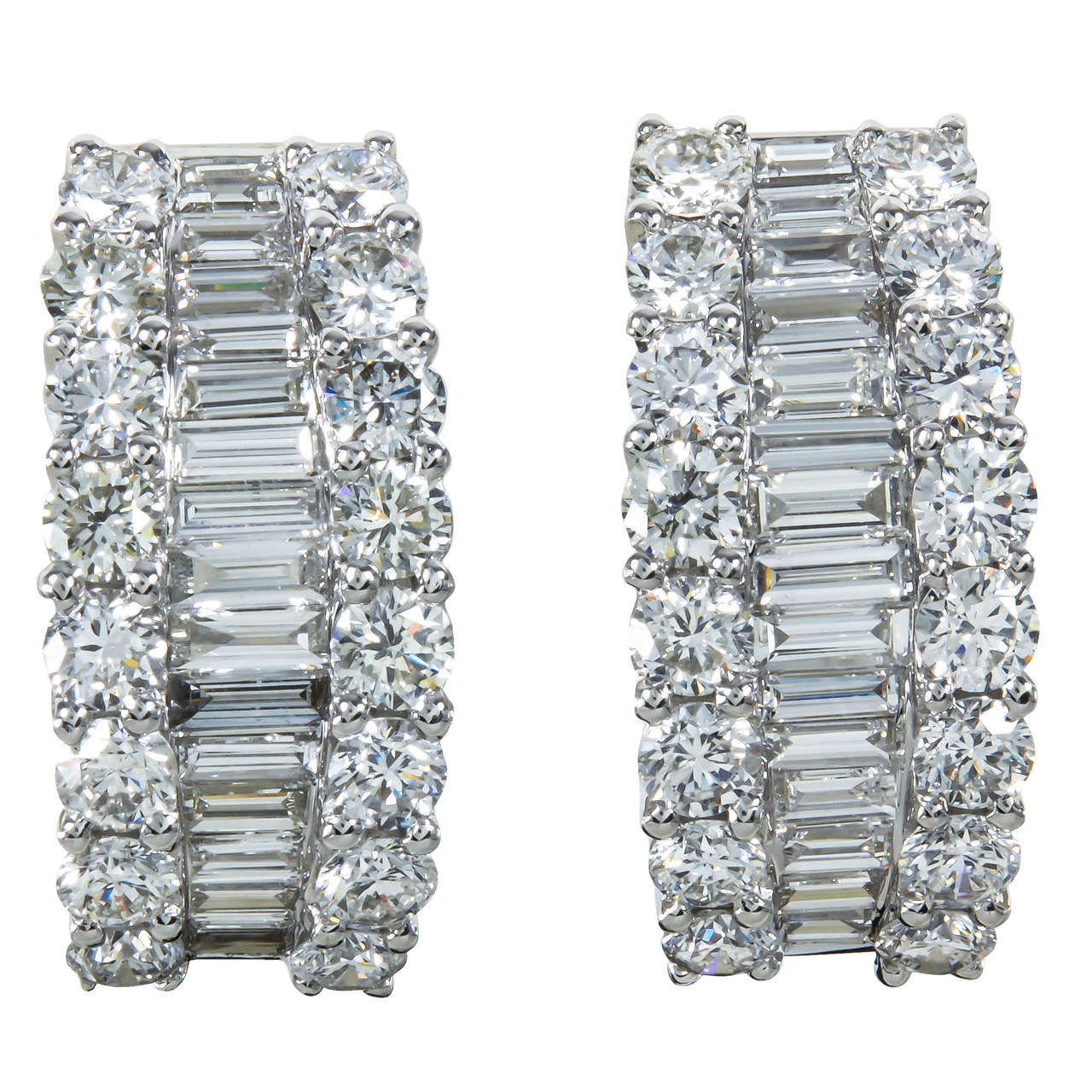 Baguette And Round Diamond Gold Huggie Hoop Earrings For Sale At