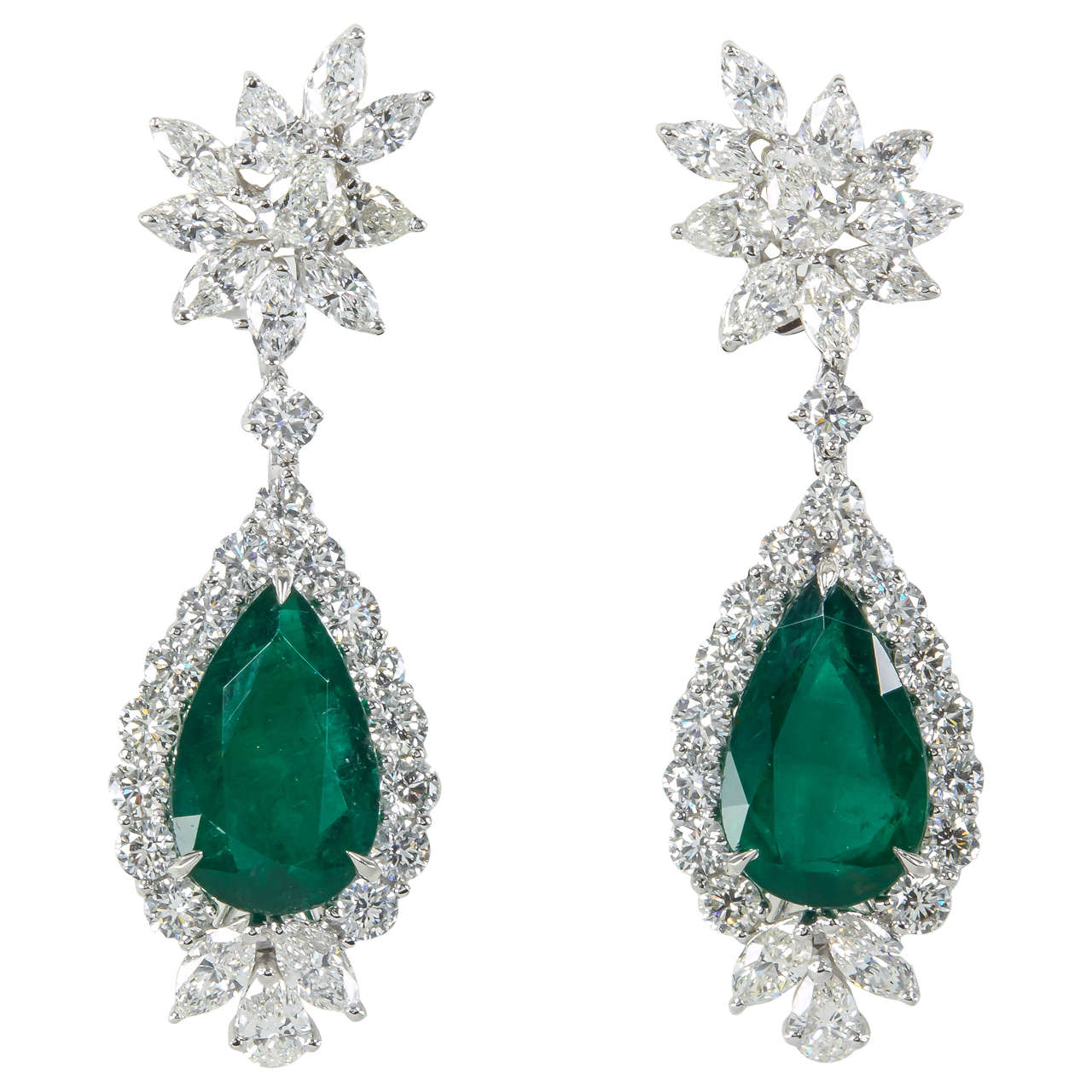 Emerald Diamond Platinum Drop Earrings