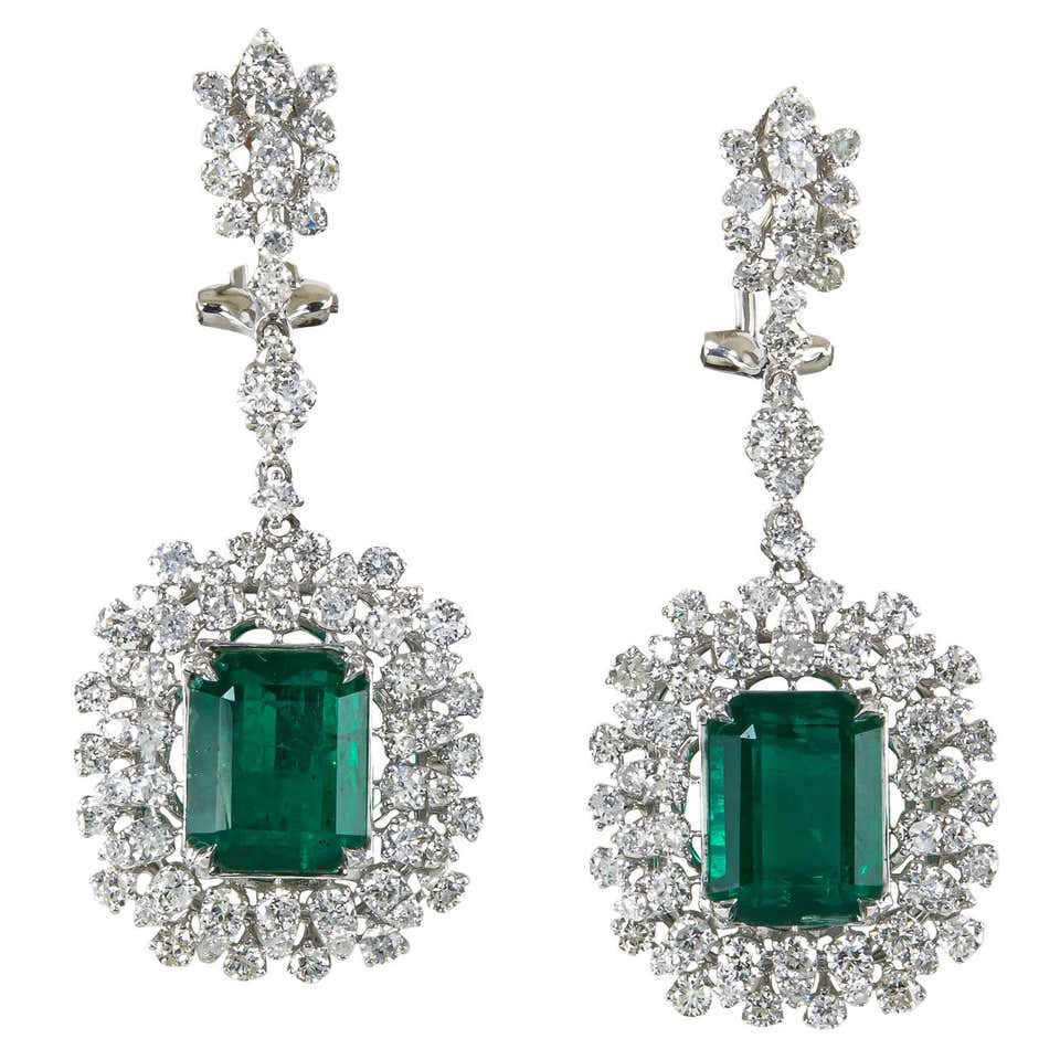 Emerald Diamond Gold Drop Earrings For Sale at 1stDibs