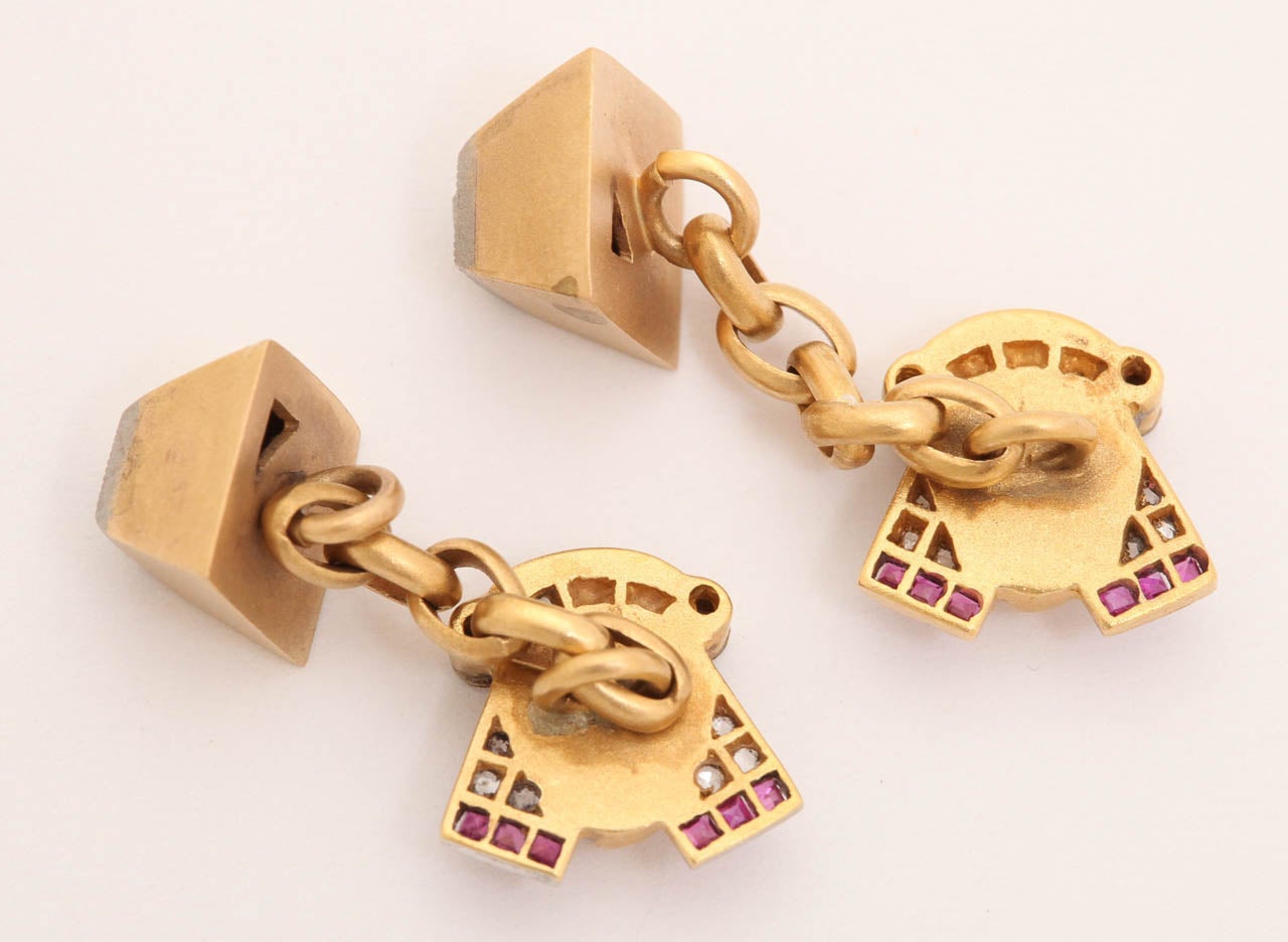 Exceptional Pharoah & Pyramid Cufflinks with Rubies & Diamonds In Excellent Condition For Sale In New York, NY