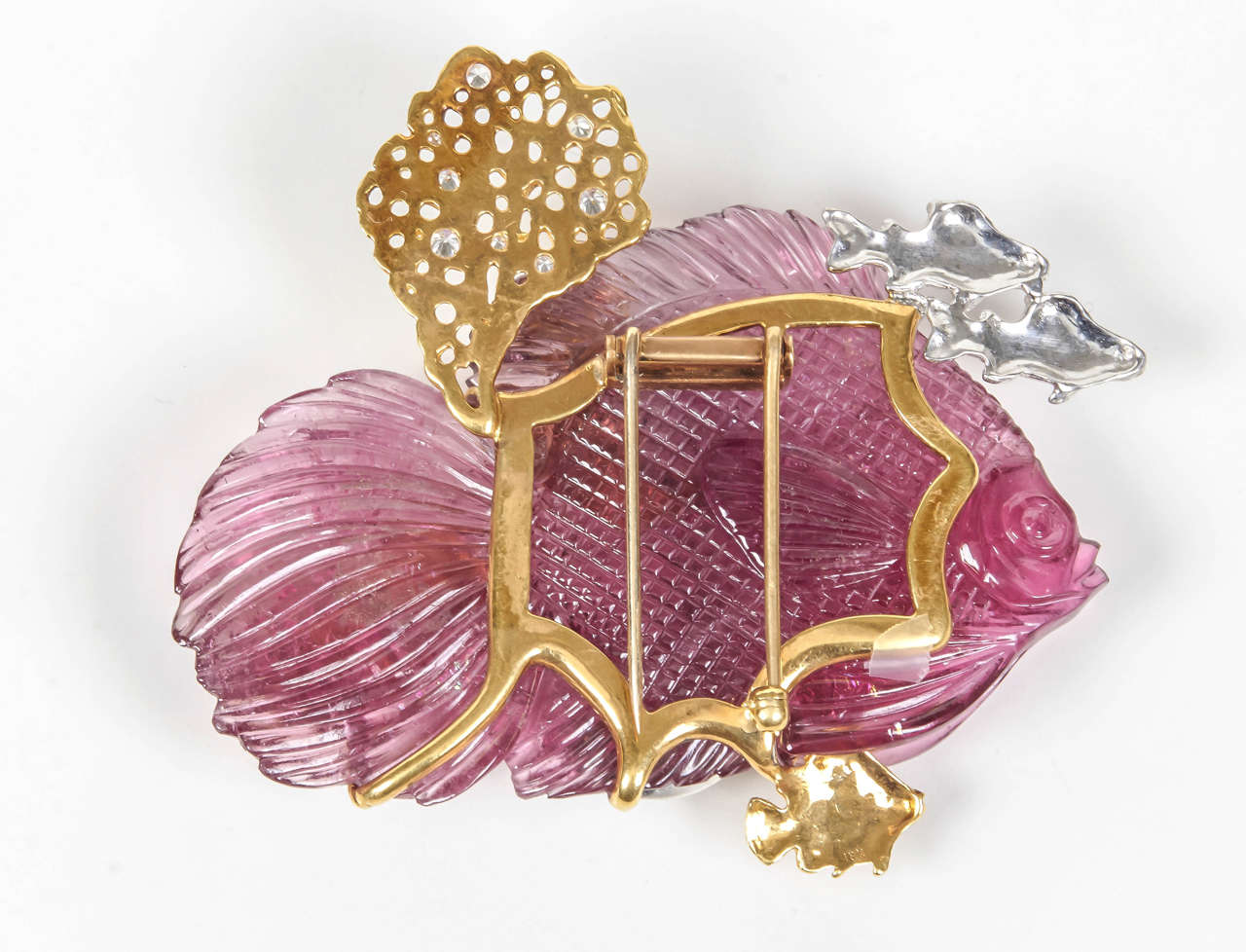 Spectacular Pink Tourmaline Diamond Gold Fish Pin For Sale 1