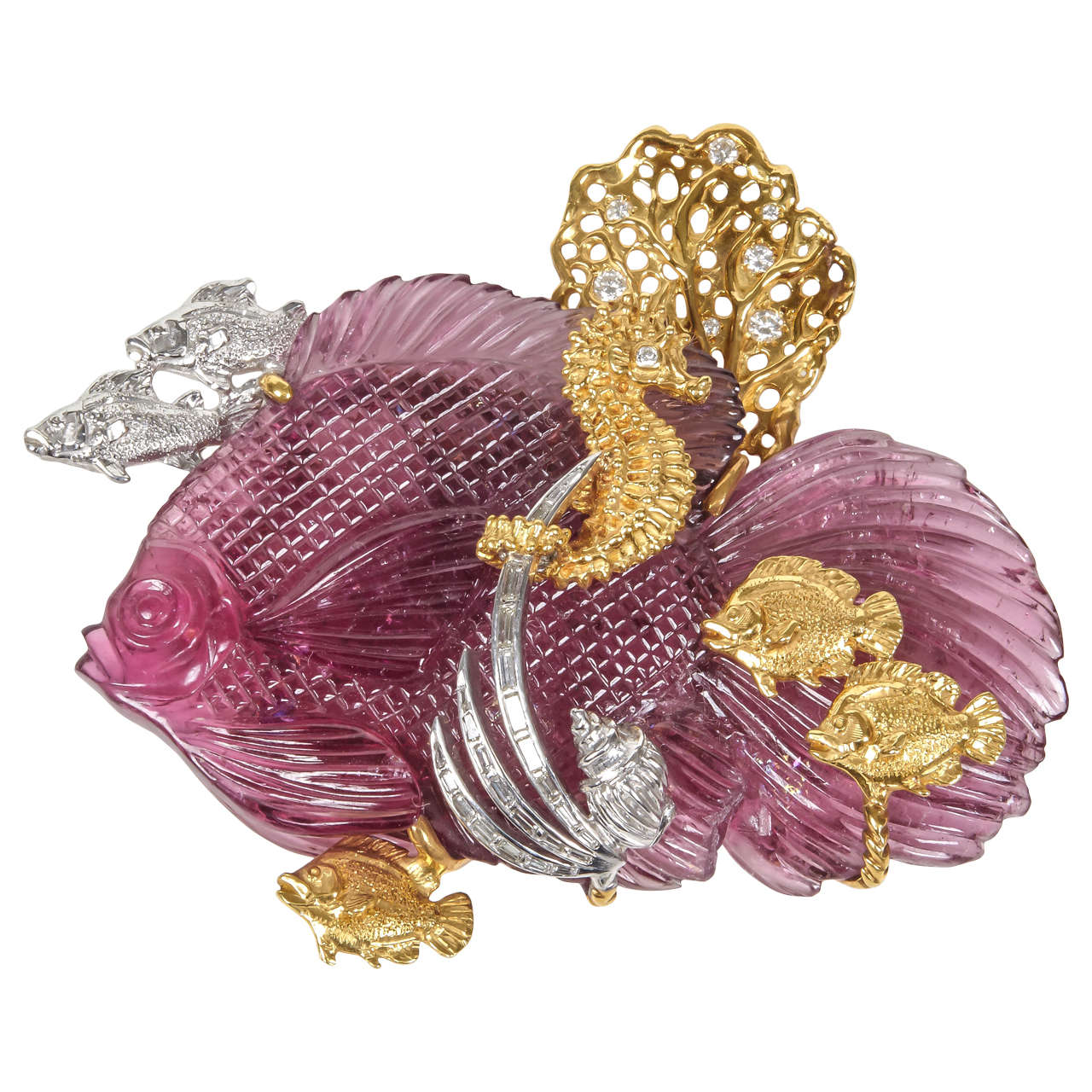 Spectacular Pink Tourmaline Diamond Gold Fish Pin For Sale