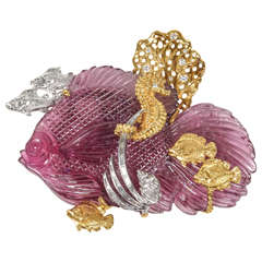 Vintage Spectacular Pink Tourmaline Diamond Gold Fish Pin
