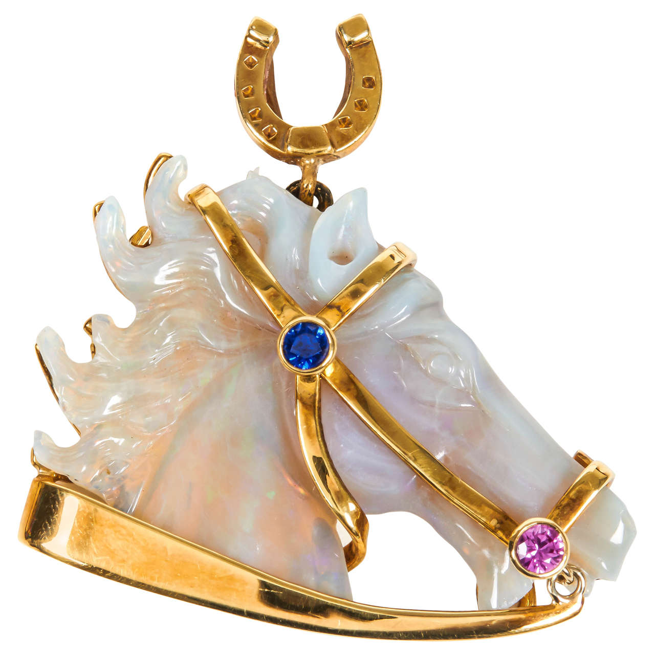 Carved Opal Gold Horse Head Pendant Necklace For Sale