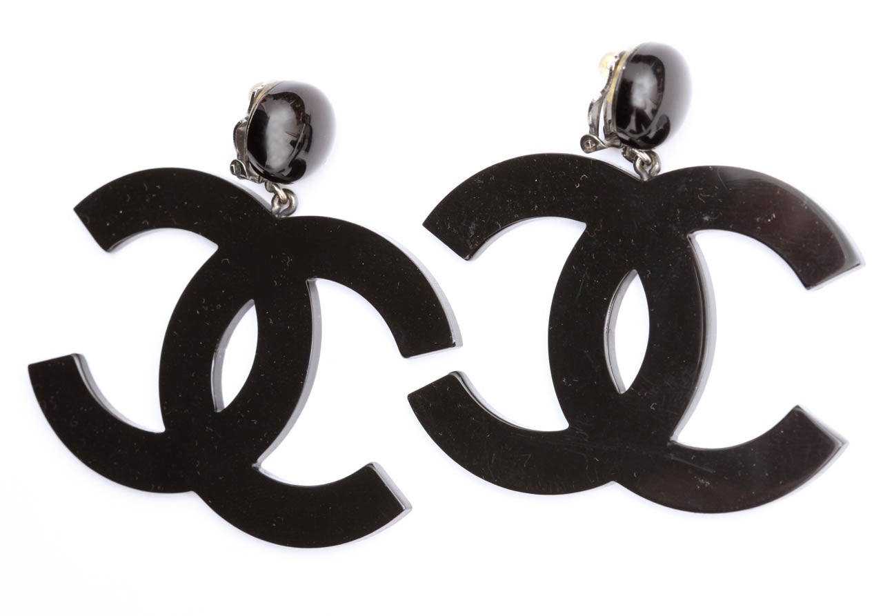 Chanel Large Black CC Dangling Earrings at 1stDibs