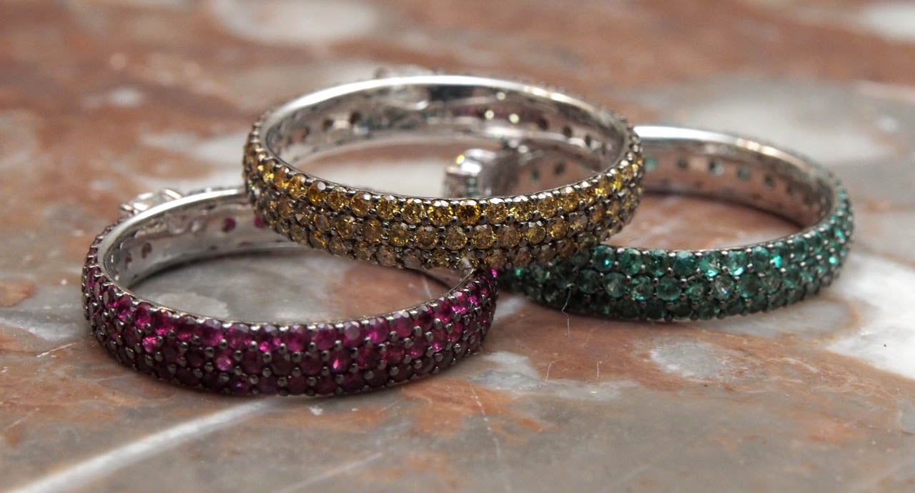 Contemporary Emerald Ruby Diamond Stacking Rings