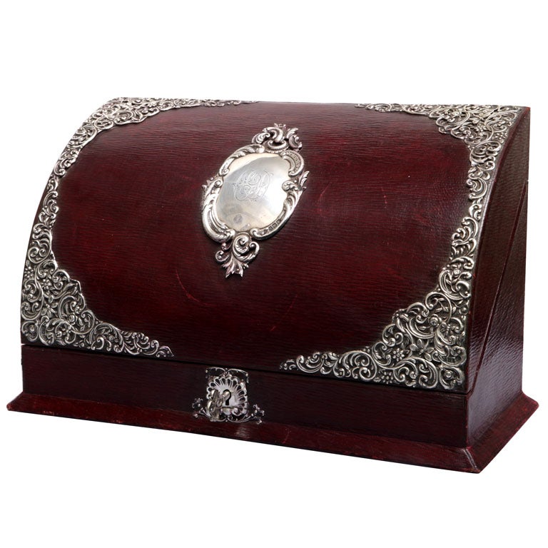 Sterling Silver-Mounted Leather Letter/Stationery Box