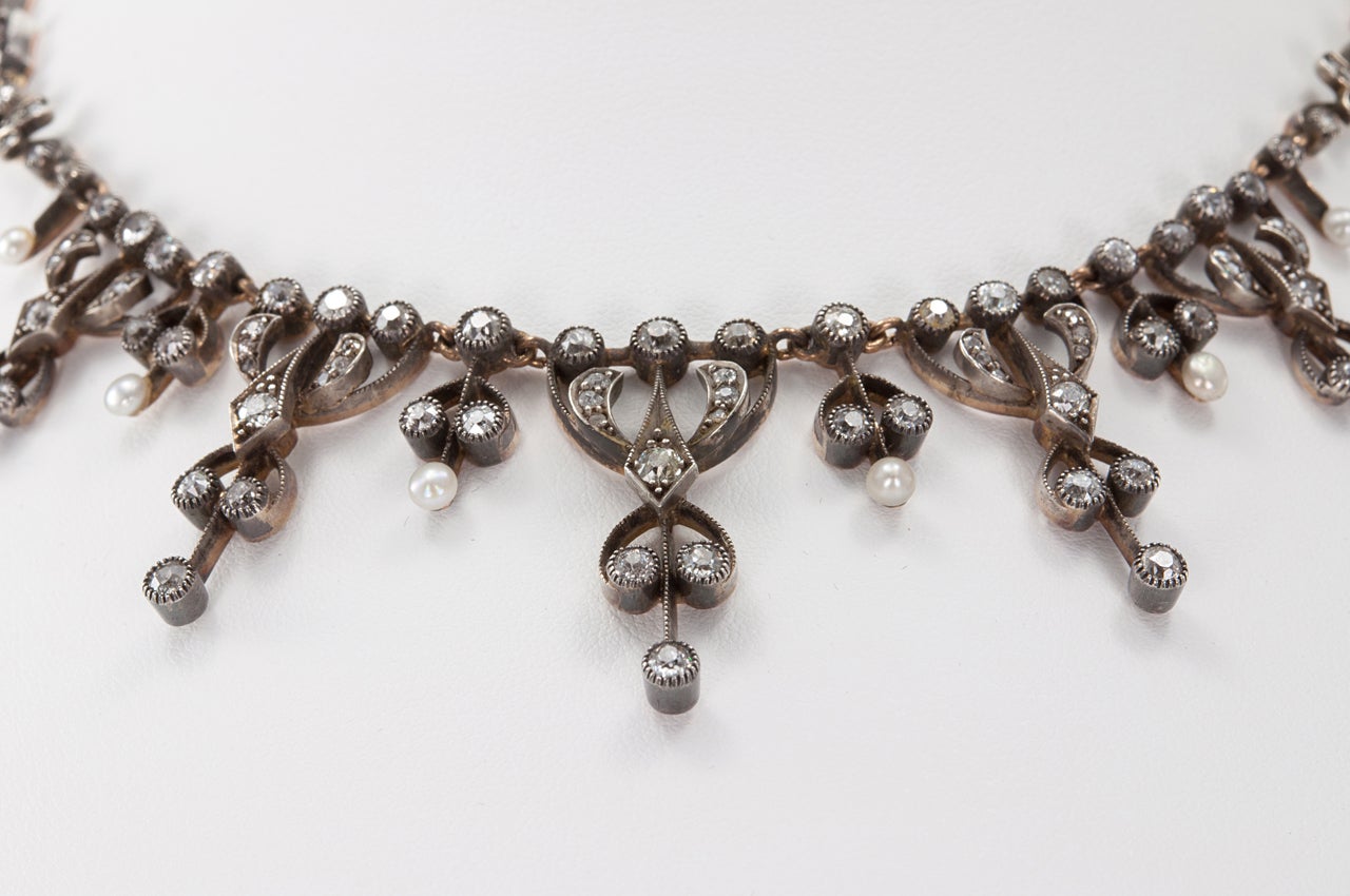 Victorian French Diamond Pearl Tulip Necklace In Excellent Condition In Los Angeles, CA