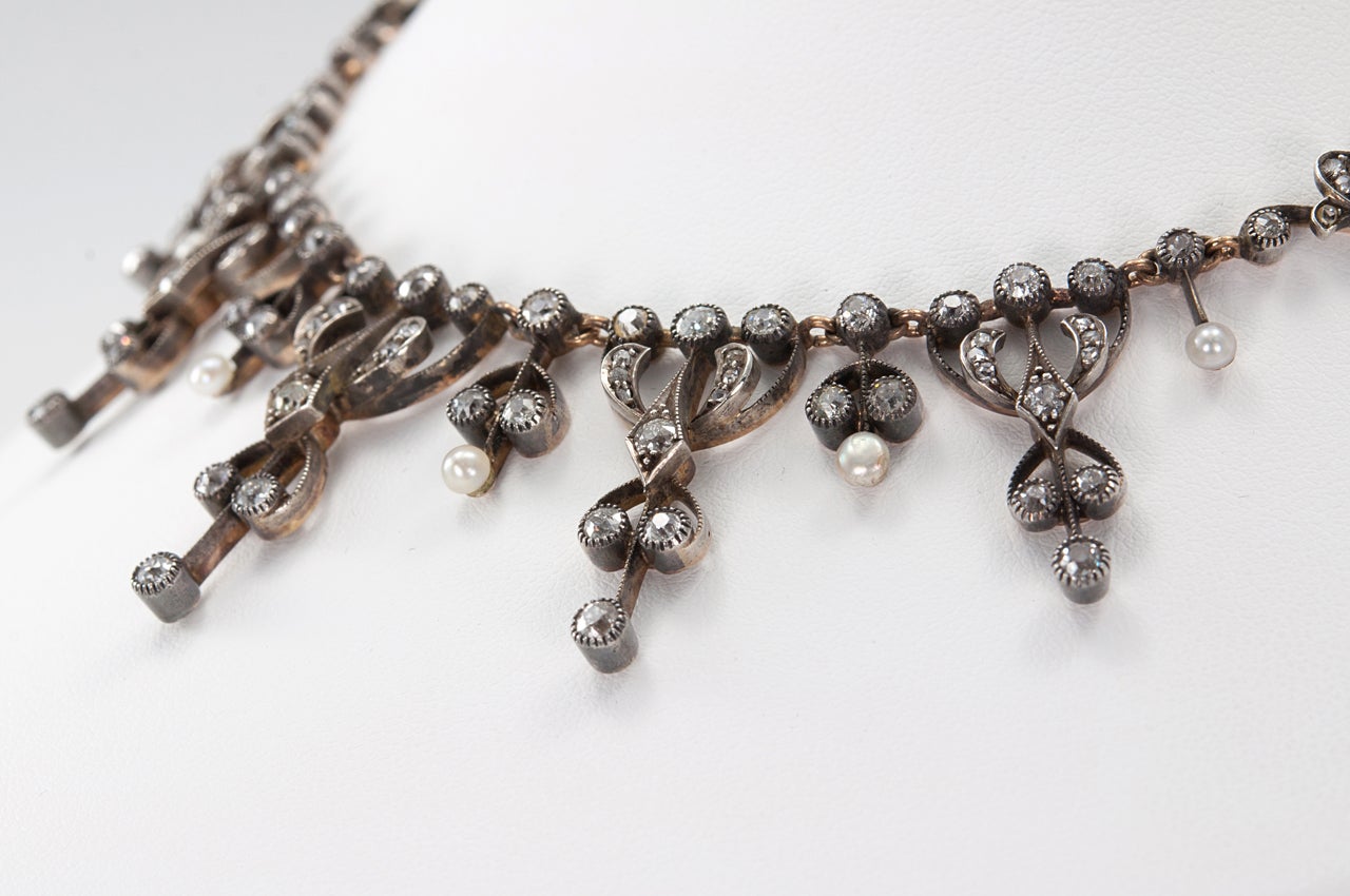 Victorian French Diamond Pearl Tulip Necklace 1