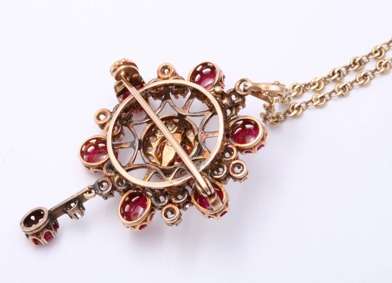 Victorian Cabochon Ruby & Old Mine Diamond Pendant In Excellent Condition In New York, NY