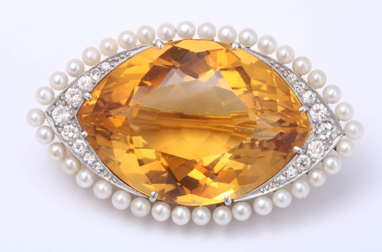 Women's or Men's Citrine & Natural Pearl & Diamond Brooch For Sale