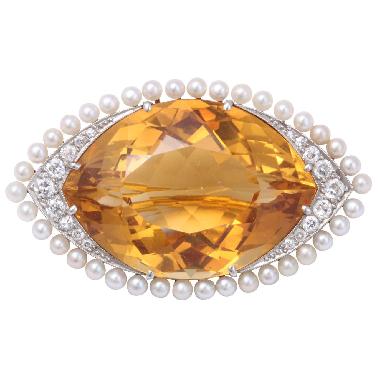 Citrine & Natural Pearl & Diamond Brooch For Sale