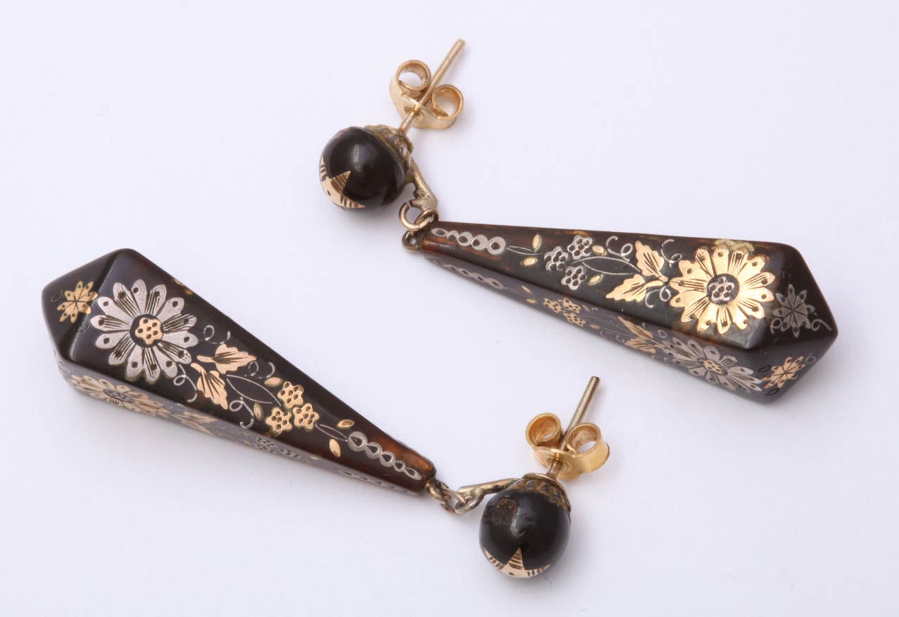 Victorian Pique Earrings Incised with Gold and Silver 2