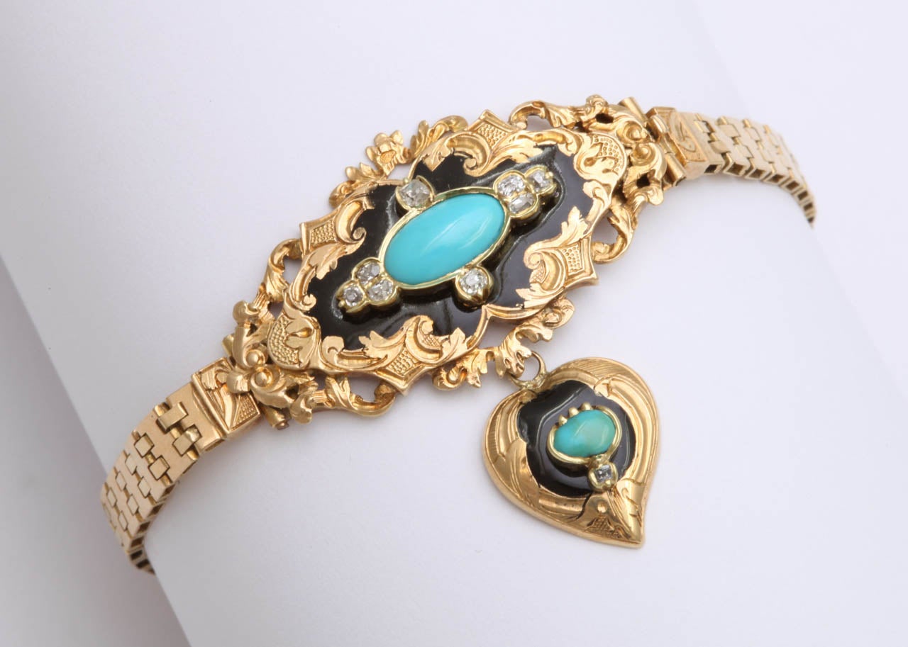 Exquisite Victorian French Enamel Turquoise Gold Bracelet In Excellent Condition In Stamford, CT