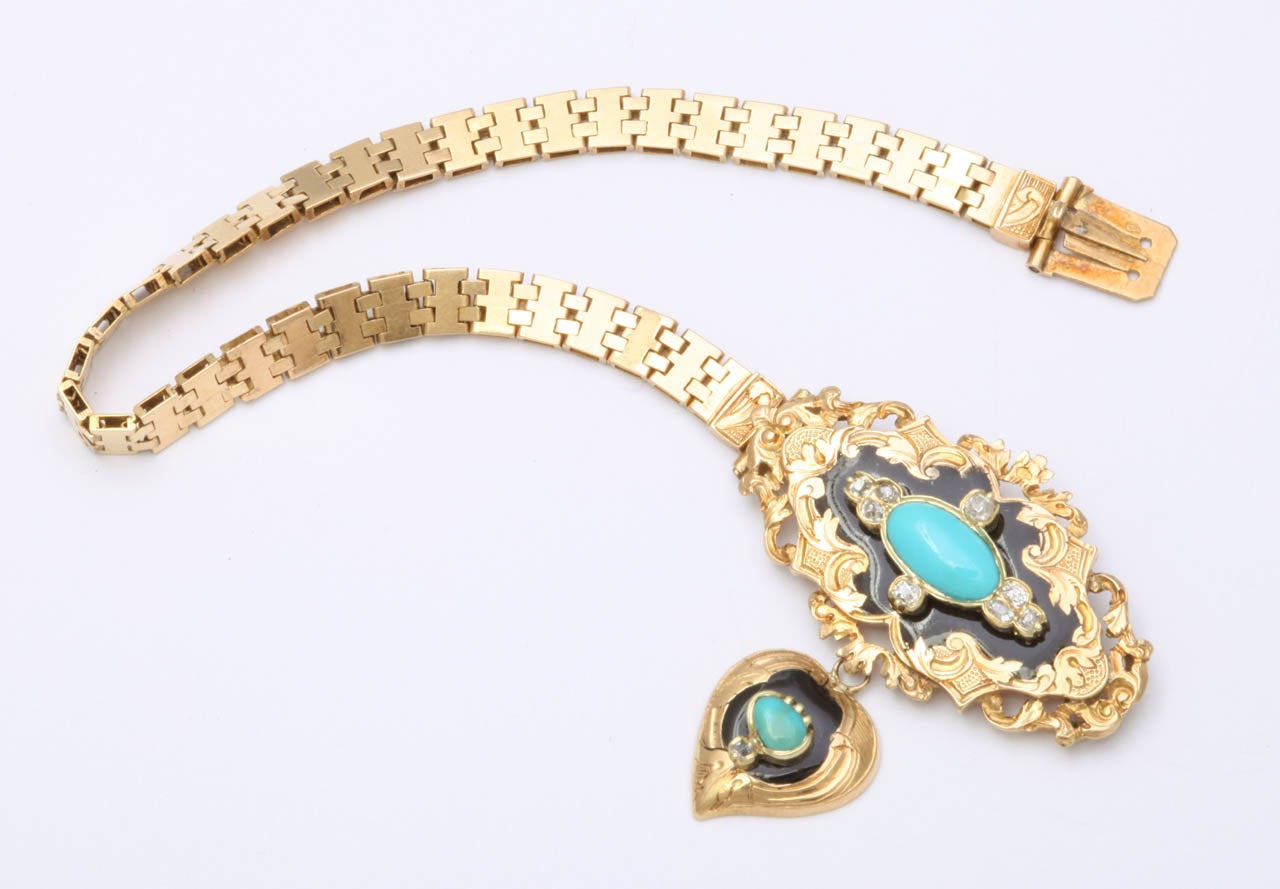 Women's Exquisite Victorian French Enamel Turquoise Gold Bracelet