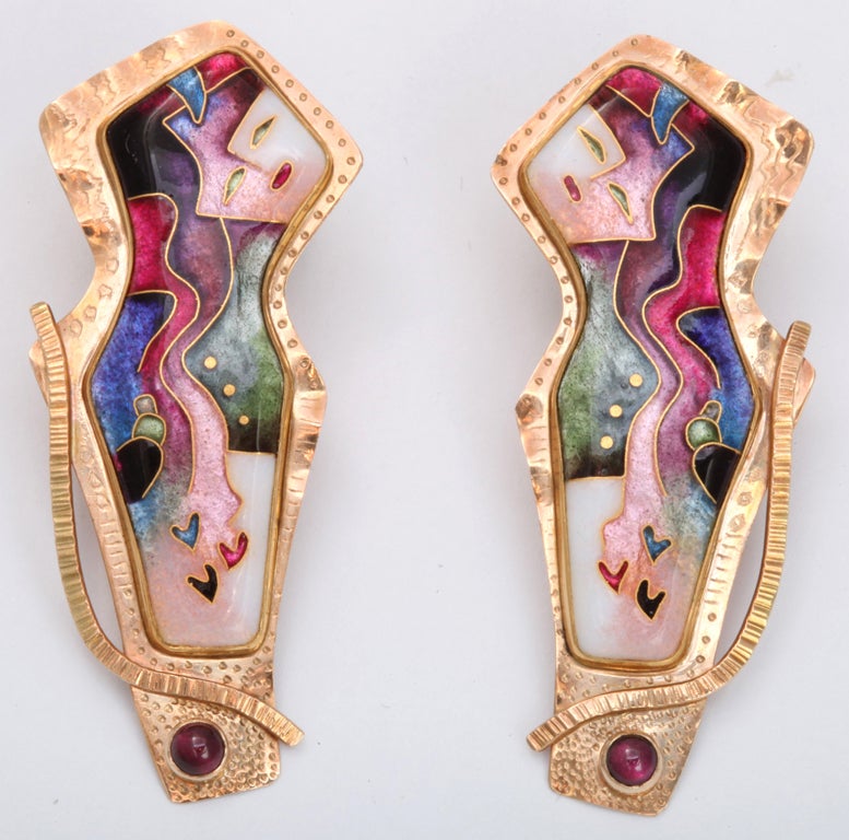 Enamel Cloisonne  Earrings with Abstract Faces & Multi-color Designs.  Obverse: signed & marked 14kt, 22kt & 24k.  Further decorated with engraved pictographs.