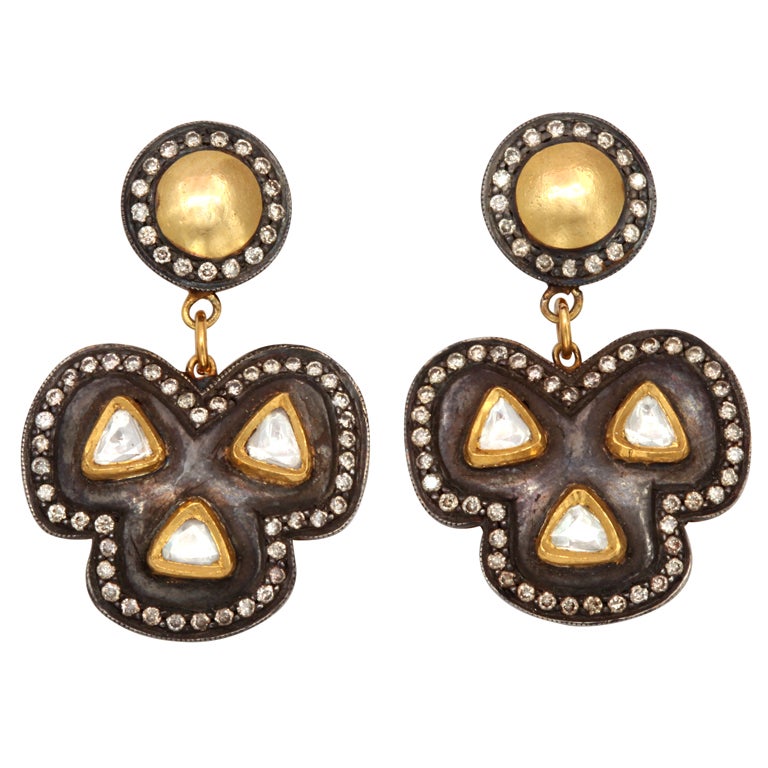 Rebecca Koven Diamond Gold Silver Clover Earrings
