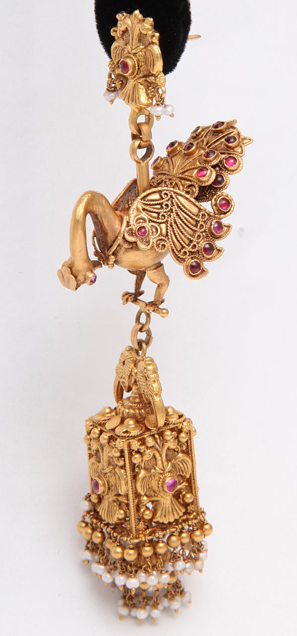 Contemporary Ruby Gold Peacock Earrings For Sale