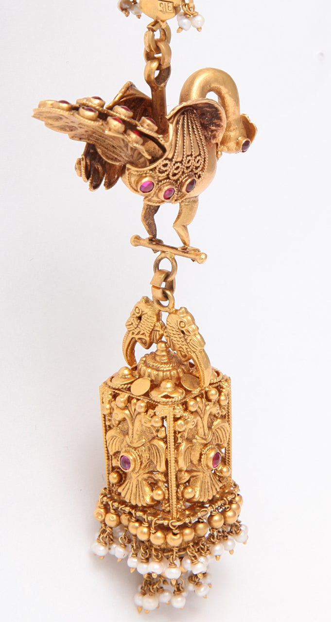 Ruby Gold Peacock Earrings For Sale 3