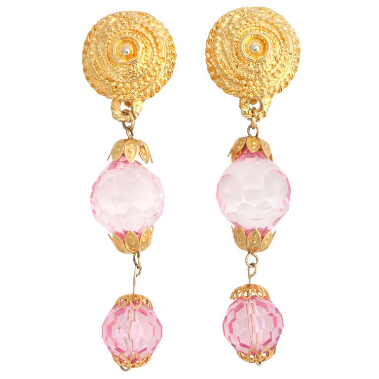 Goldtone and Pink Lucite Dangle Earrings For Sale