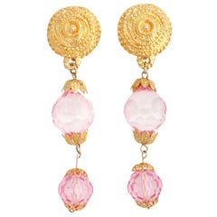 Retro Goldtone and Pink Lucite Dangle Earrings