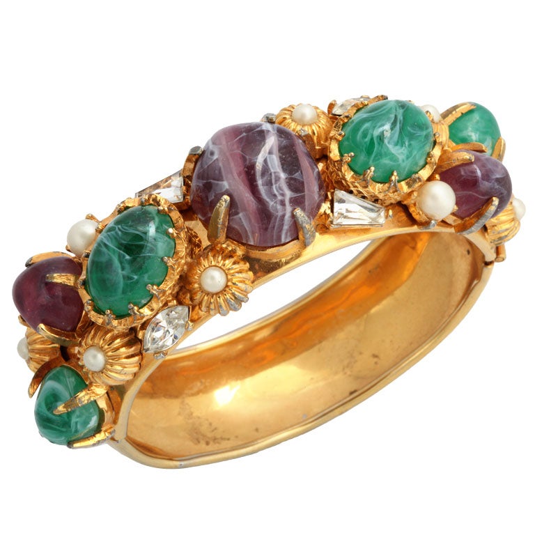 Hattie Carnegie Wide Goldtone Bangle with Large Stones For Sale