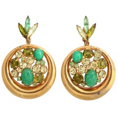 Vintage Green Rhinestone and "Gold" Hoop Earrings