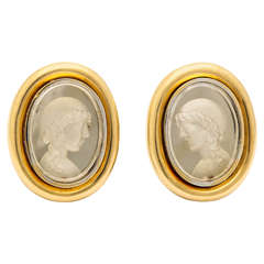 1980s Andrew Clunn Unusual Illusional Gold Bezel Set Cameo Earclips