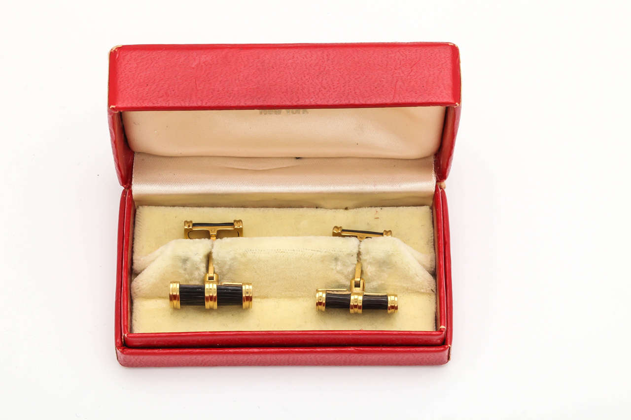 1980s Catherine Zauer Movable Barrel Cut Fluted Onyx Gold Cufflinks 6