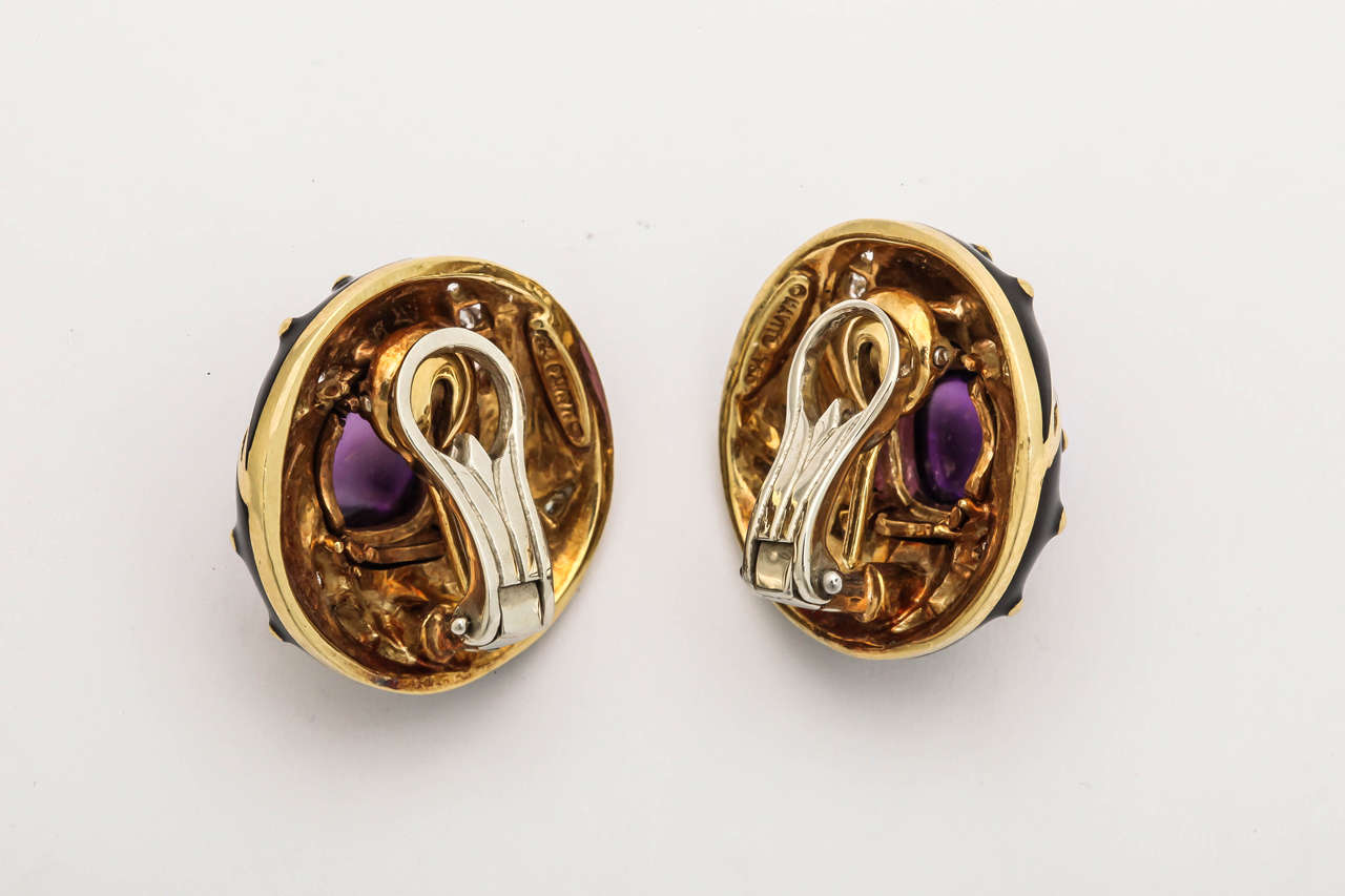 Mavito Enamel Amethyst Diamond Gold Studded Pinwheel Earclips In Excellent Condition In New York, NY