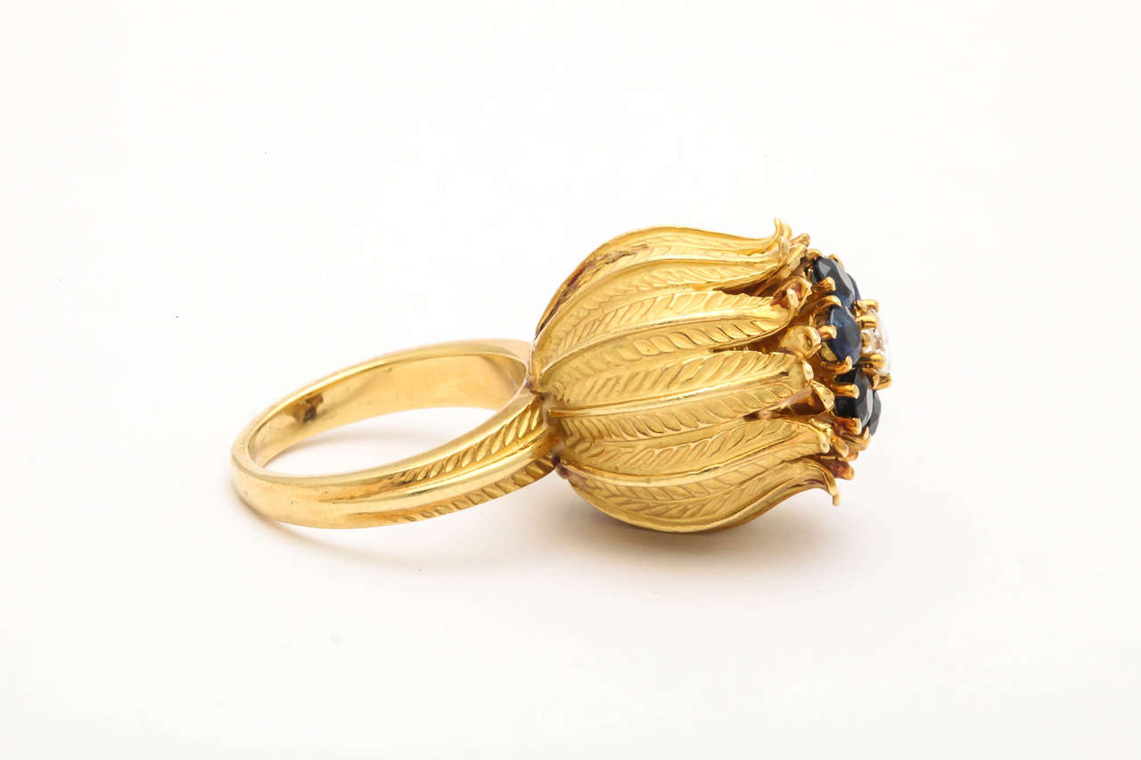 Women's 1950s Sapphire Diamond Gold Tulip Hand-Engraved Cocktail Ring