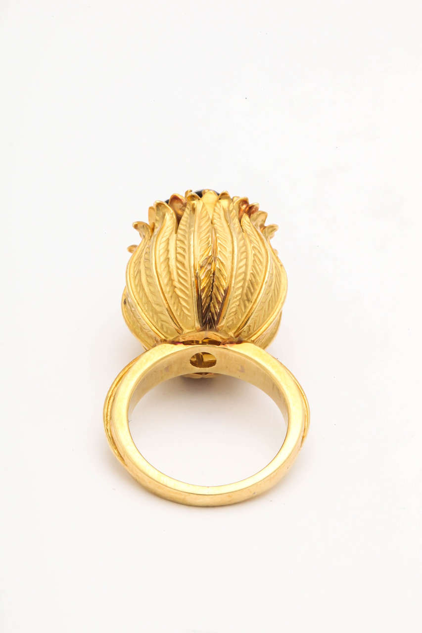 1950s Sapphire Diamond Gold Tulip Hand-Engraved Cocktail Ring 1