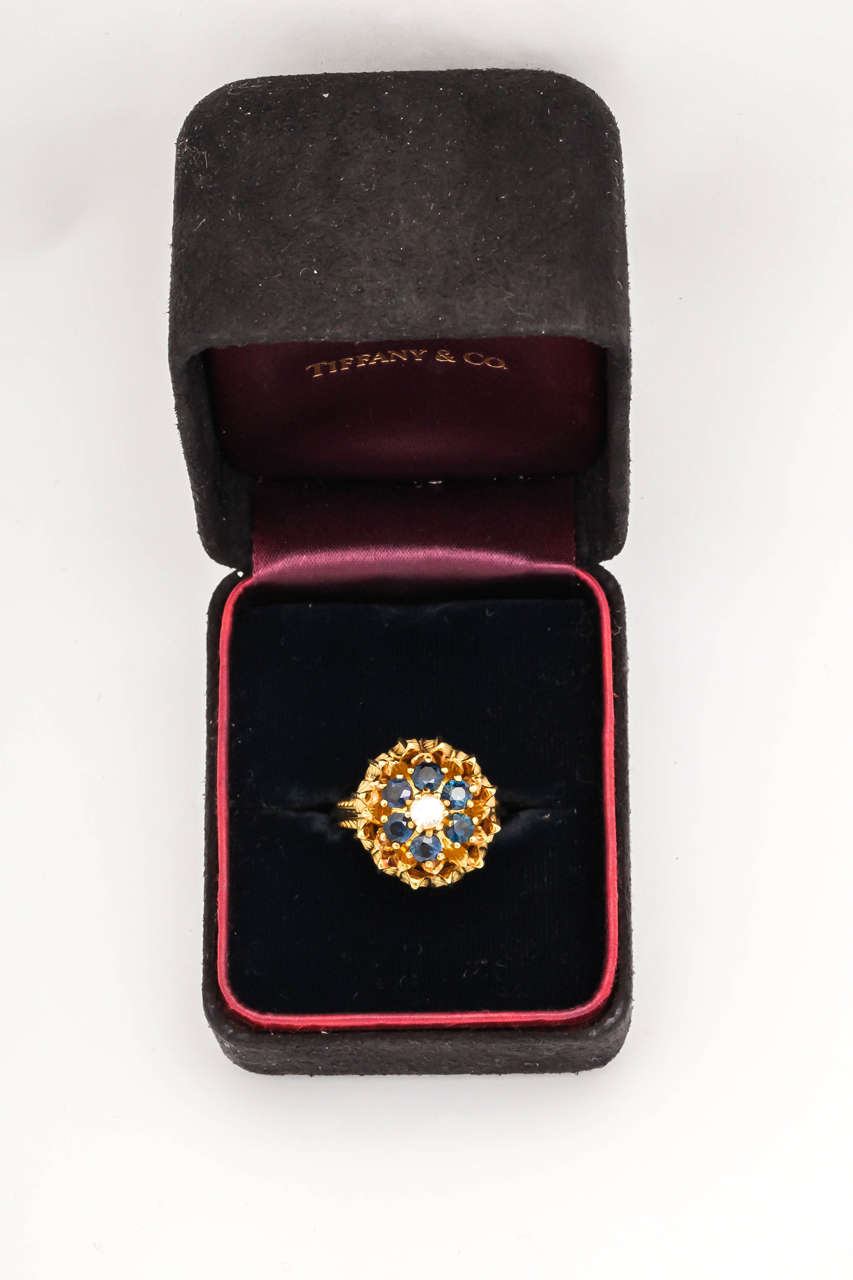 1950s Sapphire Diamond Gold Tulip Hand-Engraved Cocktail Ring 2