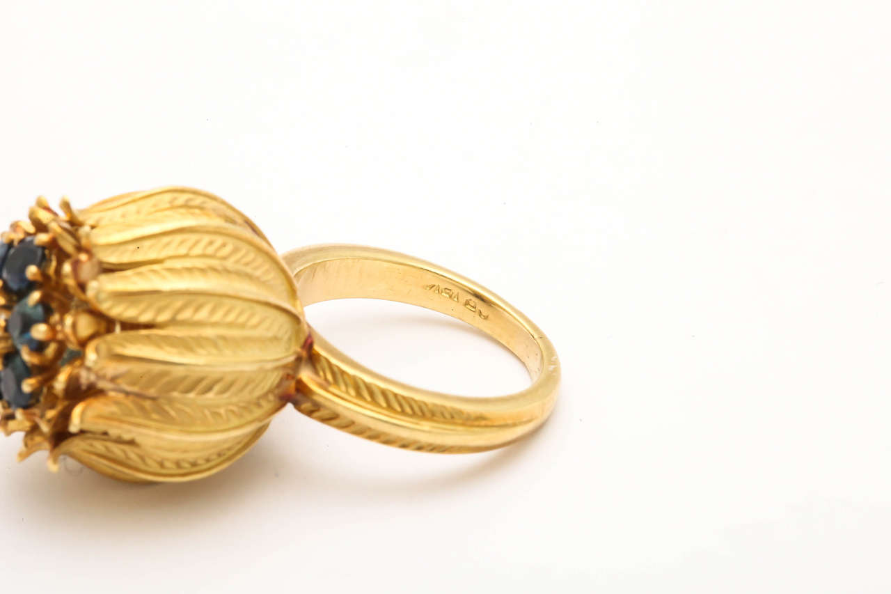 1950s Sapphire Diamond Gold Tulip Hand-Engraved Cocktail Ring 3
