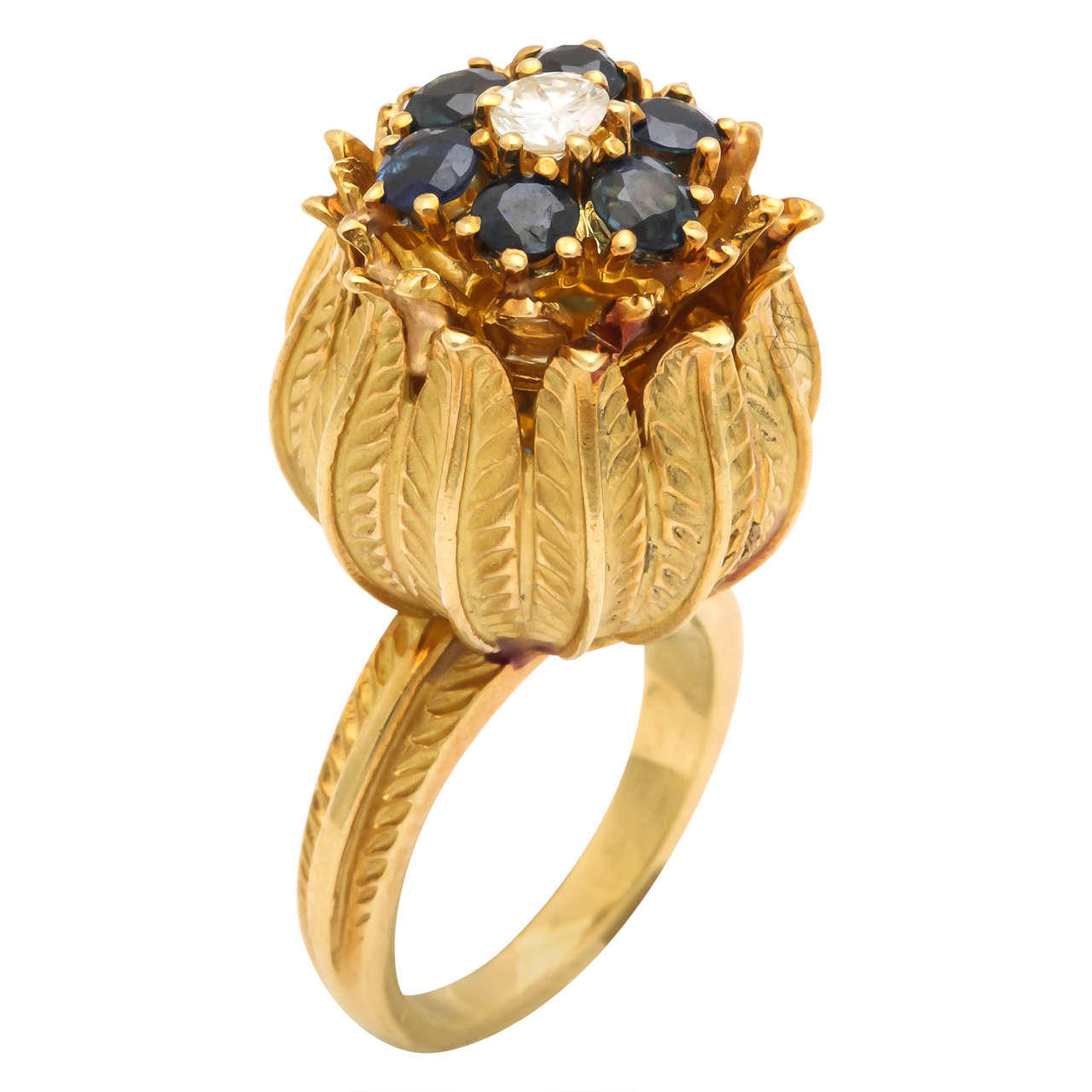 1950s Sapphire Diamond Gold Tulip Hand-Engraved Cocktail Ring