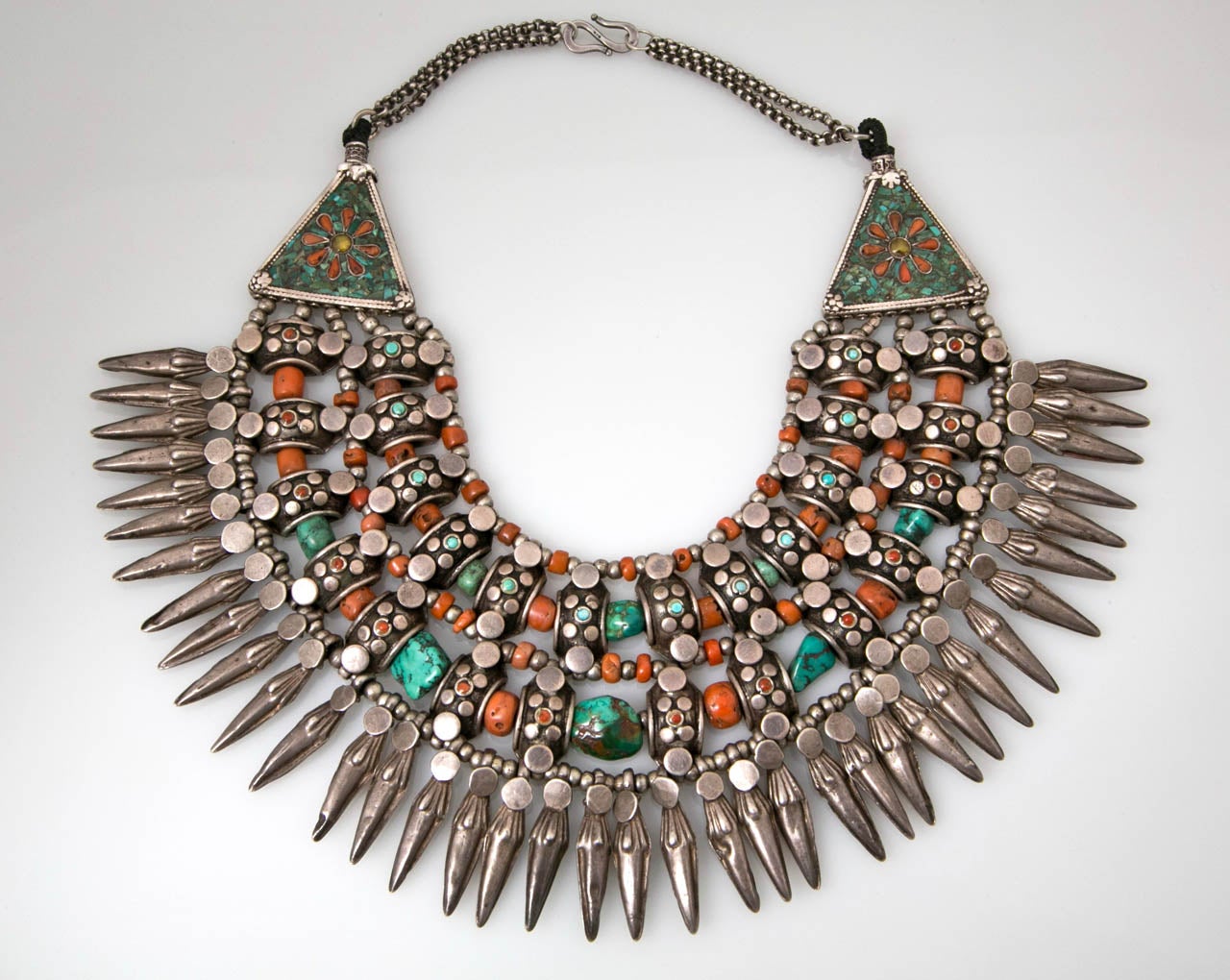 Old Tibetan Ceremonial Collar Silver , raw turq. and natural coral, some amber. Came from a collector.
