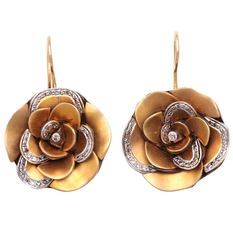 Modern  Gold  Rose Flower Earrings with Diamond Petals