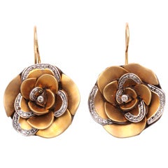 Modern Gold Rose Flower Earrings with Diamond Petals