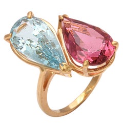 Pink Tourmaline and Aquamarine Toi et Moi Crossover Ring