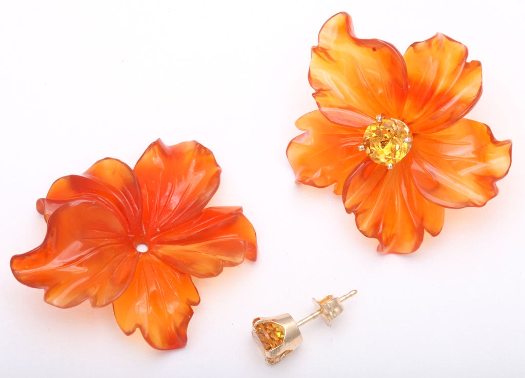 Carved Carnelian Flower Jackets with Citrine Stud Earring at 1stDibs