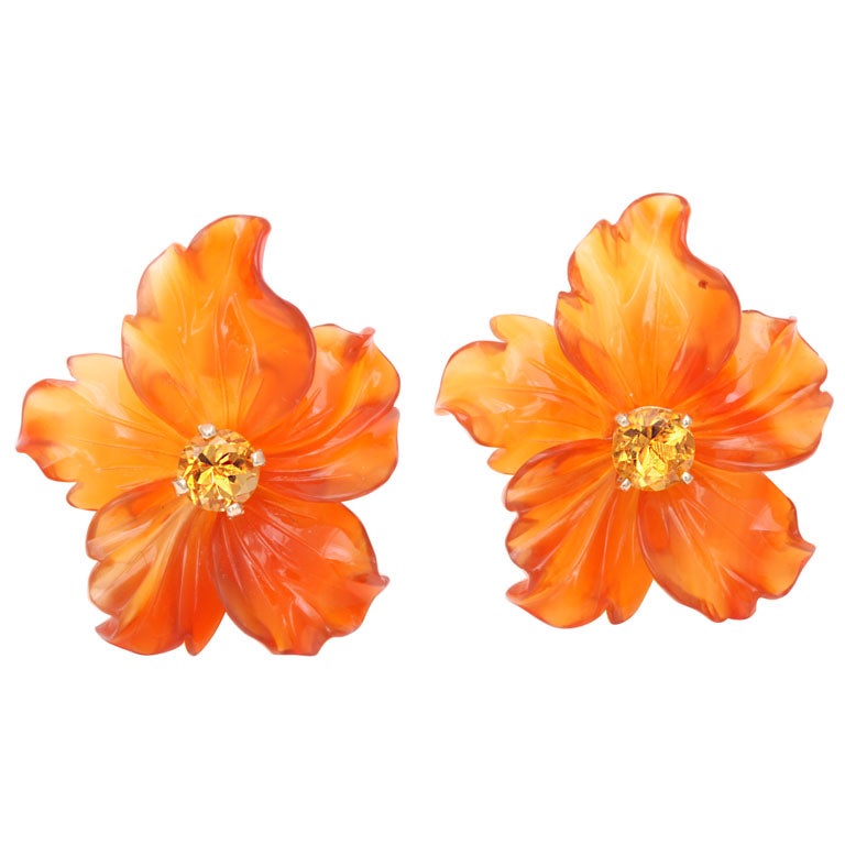 Carved Carnelian Flower Jackets with Citrine Stud Earring at 1stDibs