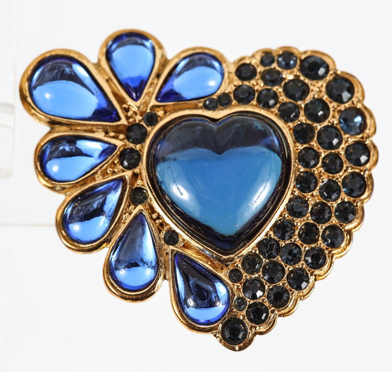 Yves Saint Laurent Blue Poured Glass & Gilt Metal Ear Clips In Excellent Condition In Palm Desert, CA